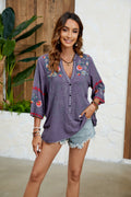 Mexican Embroidered Peasant Blouse - 3/4 Sleeve