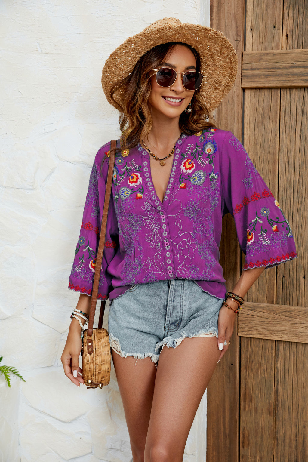 Mexican Embroidered Peasant Blouse - 3/4 Sleeve